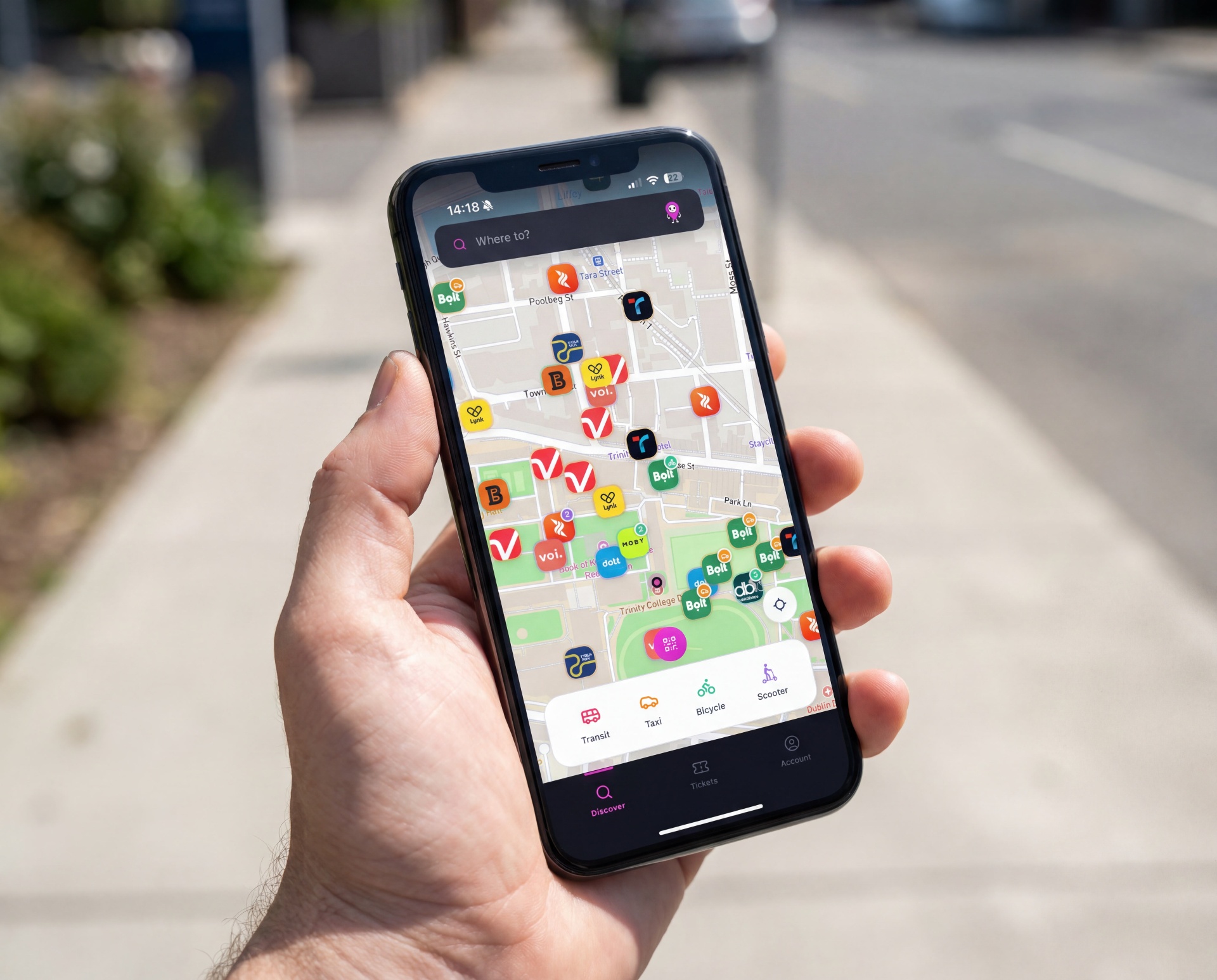 Exploro app on iPhone showing all transport providers on one map
