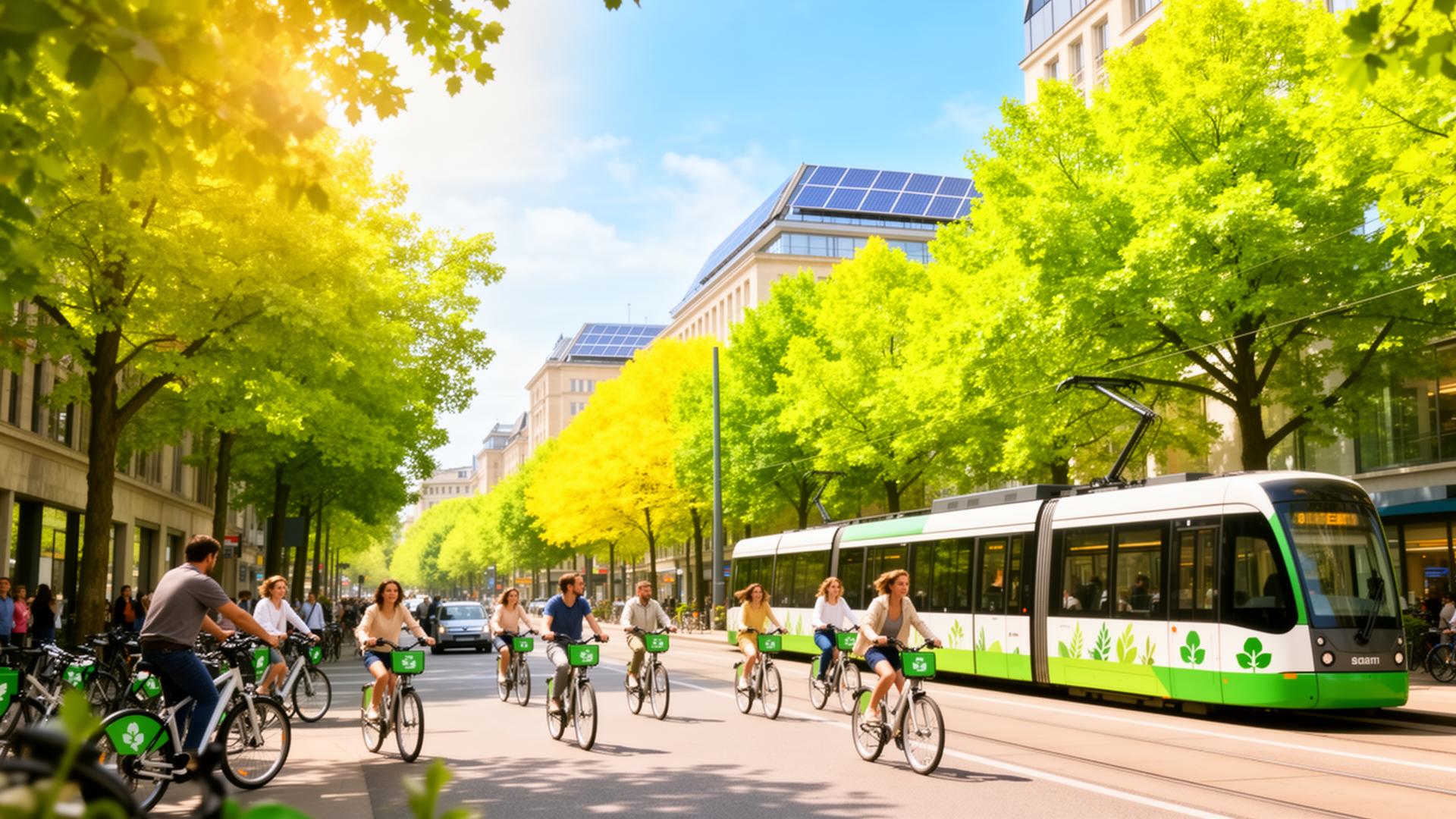 A sunlit, tree-lined city street with people on shared bikes and a green electric tram