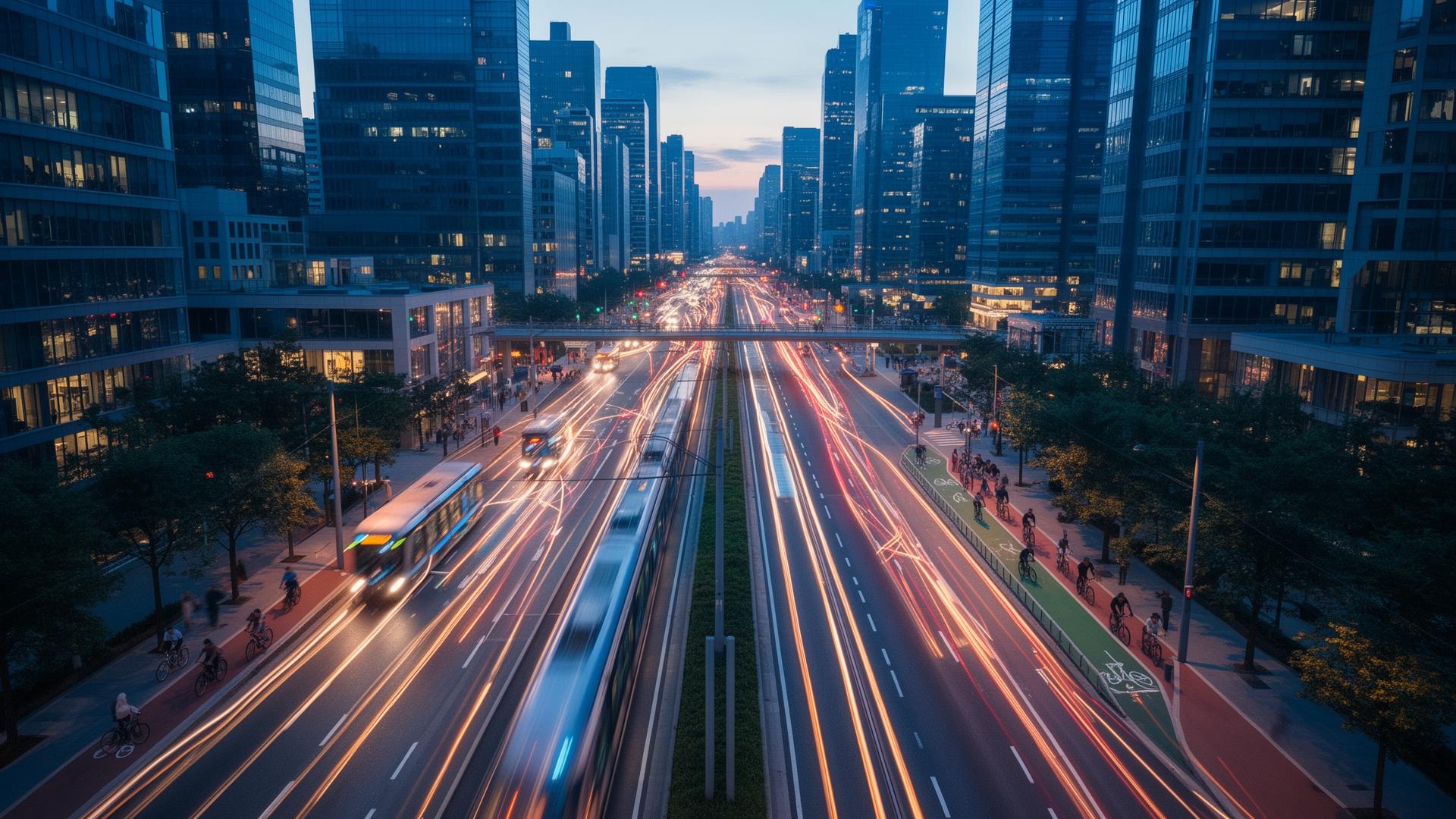 Light trails from trams, buses and cyclists weaving through a modern city at dusk